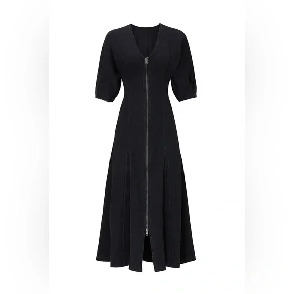Mara Hoffman Sophie Dress Black V‑Neck Midi Dress with Puff Sleeves - Picture 5 of 11